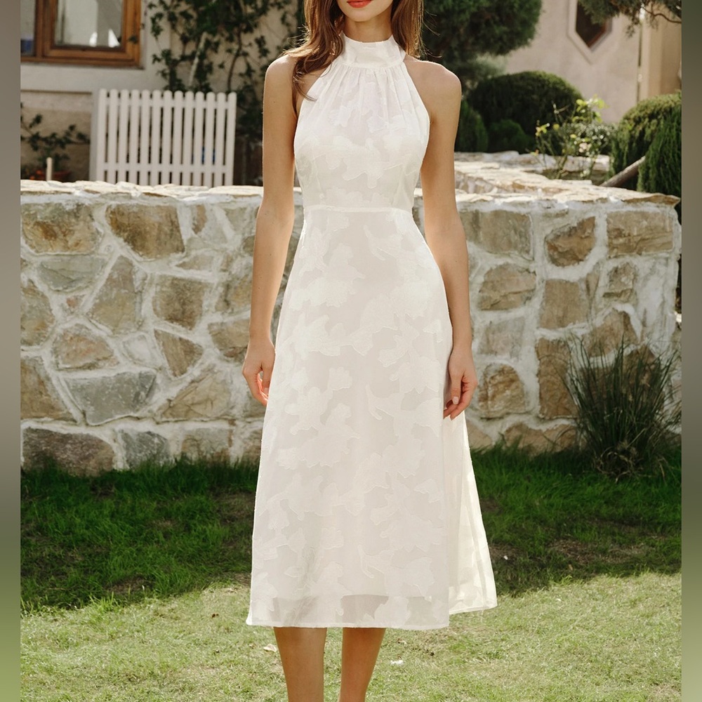 Rihoas Beige Halter Floral Midi Dresses - Picture 4 of 9